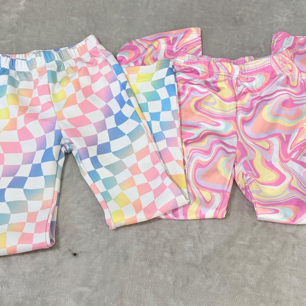 SHEIN Flare Leggings Girls 8Y Colorful Retro Checkered Swirl 2-Pack Lot Bundle
